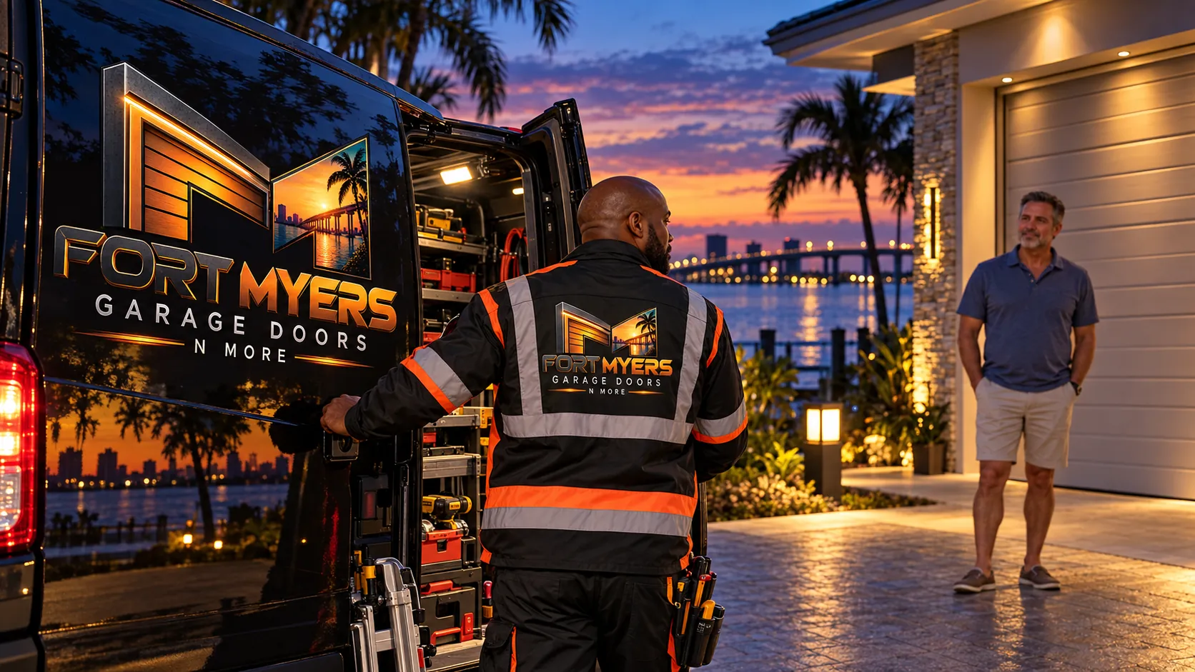 A black Fort Myers Garage Doors N More van at dusk with its back doors open, a technician in a reflective vest, and a lit bridge over the river behind them