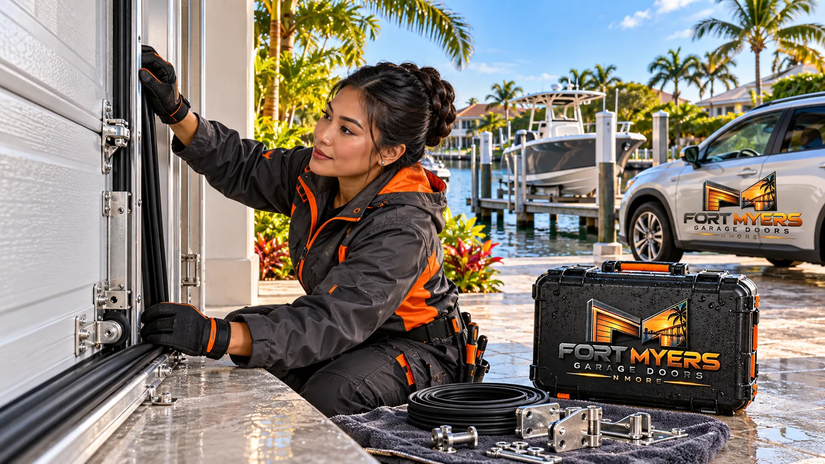 A technician in a rain jacket installs the side seal and weatherstrip on a white garage door, with a dock and a boat behind the house