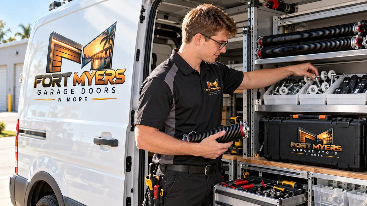 A technician taking a torsion spring off the shelves inside a work van stocked with rollers, springs and remotes