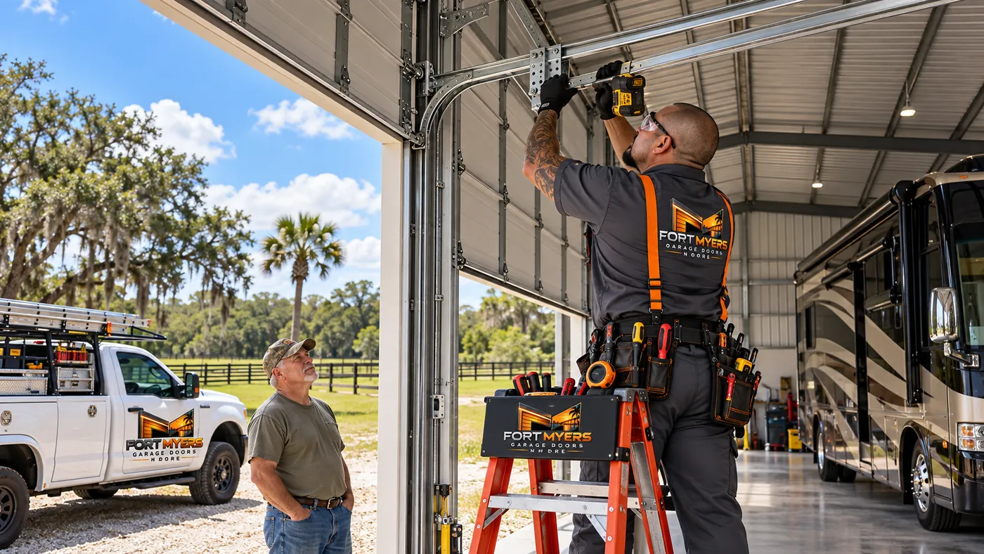 A technician on a ladder adjusting the track of a tall door in a metal barn with an RV parked inside