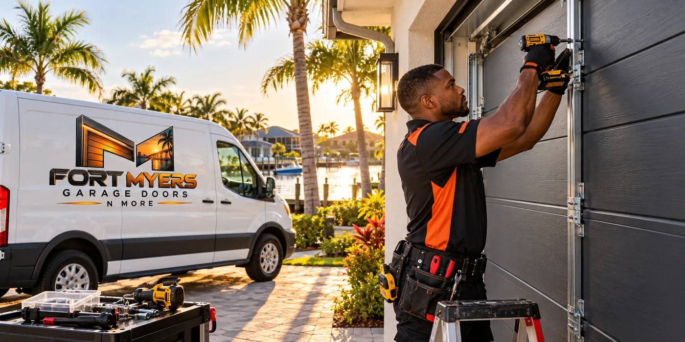 A technician on a ladder fastening a bracket to a charcoal garage door at sunset, a work van and a canal behind him