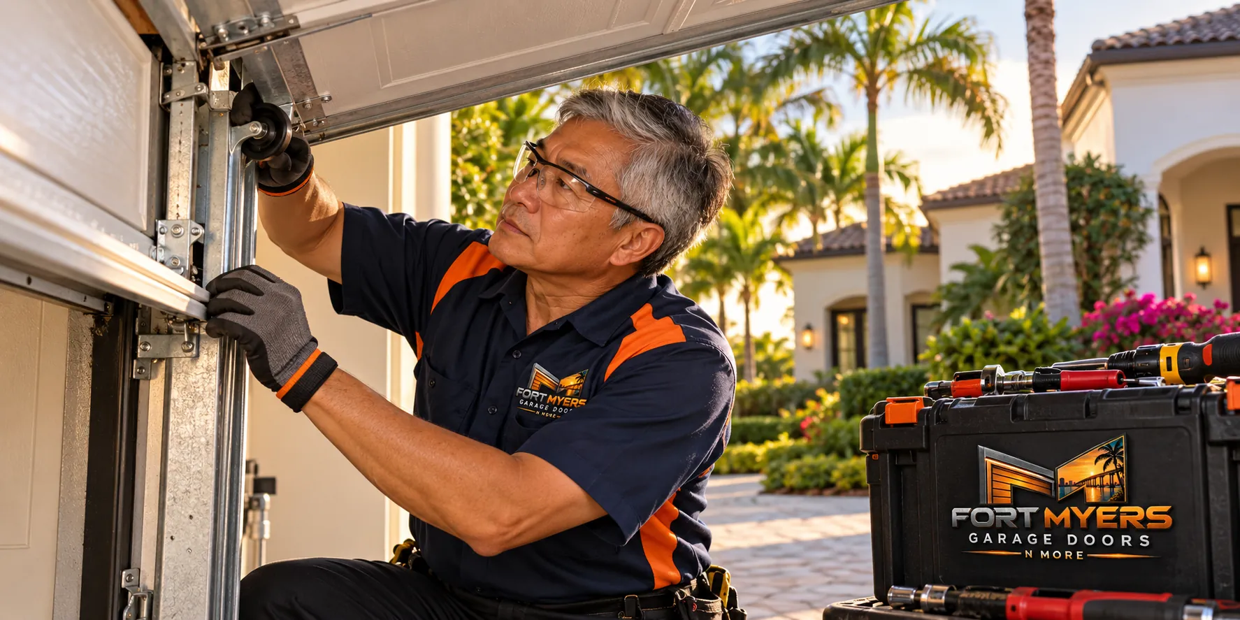 Technician in safety glasses fitting a roller into the side track of a white garage door, a tool case with the company logo and a Mediterranean-style house behind him