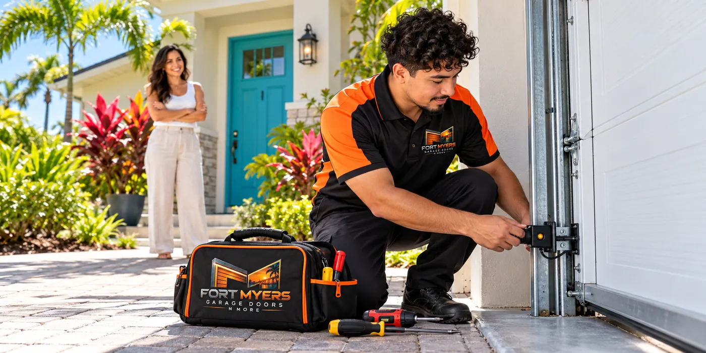 A technician kneeling to set a safety sensor at the bottom of a garage door track while the homeowner watches